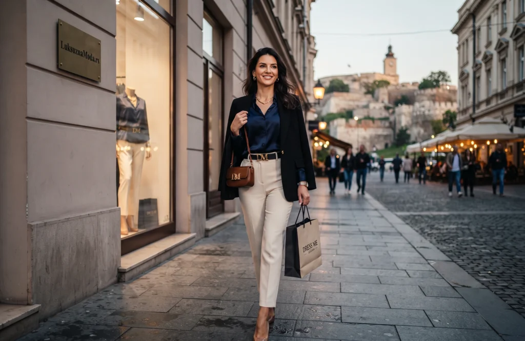 Elegantna žena u luksuznoj garderobi brenda Dress Me, premium modni brend iz Beograda koji predstavlja savremenu žensku modu i dizajnersku odeću.